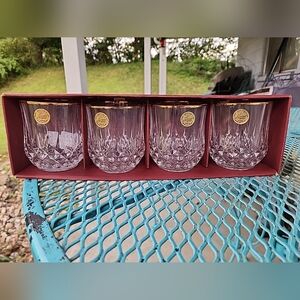 Cristal D'Arques-Durand Longchamp Gold Rimmed Glasses set of 4 whiskey 3.5" Tall